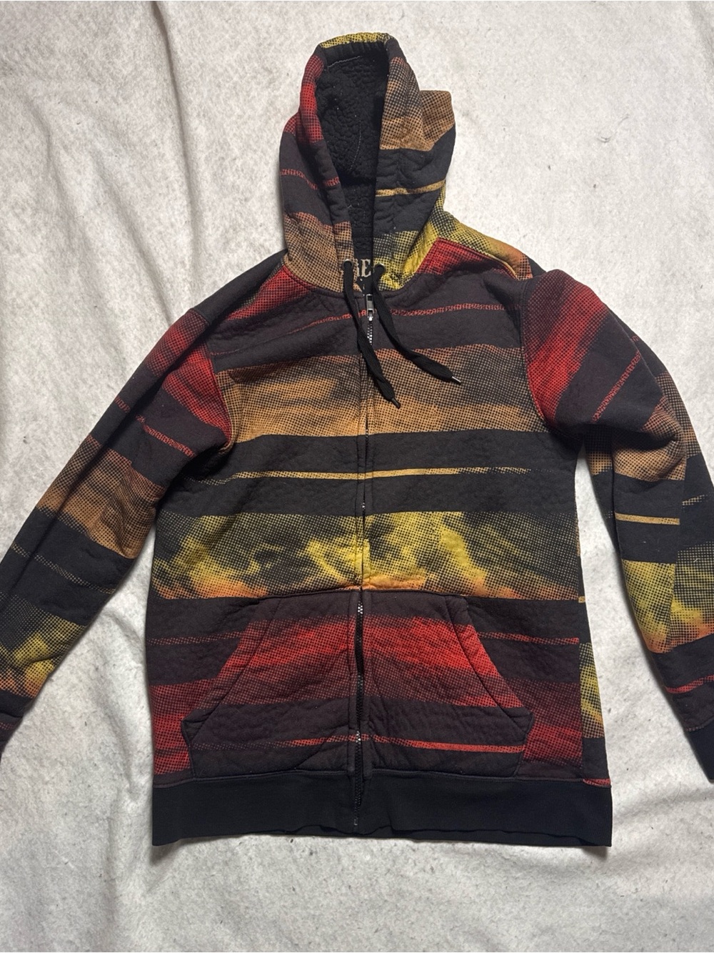 Vintage 2000s Rerun Men's Striped Zip-Up Hoodie in Black, Red & Yellow